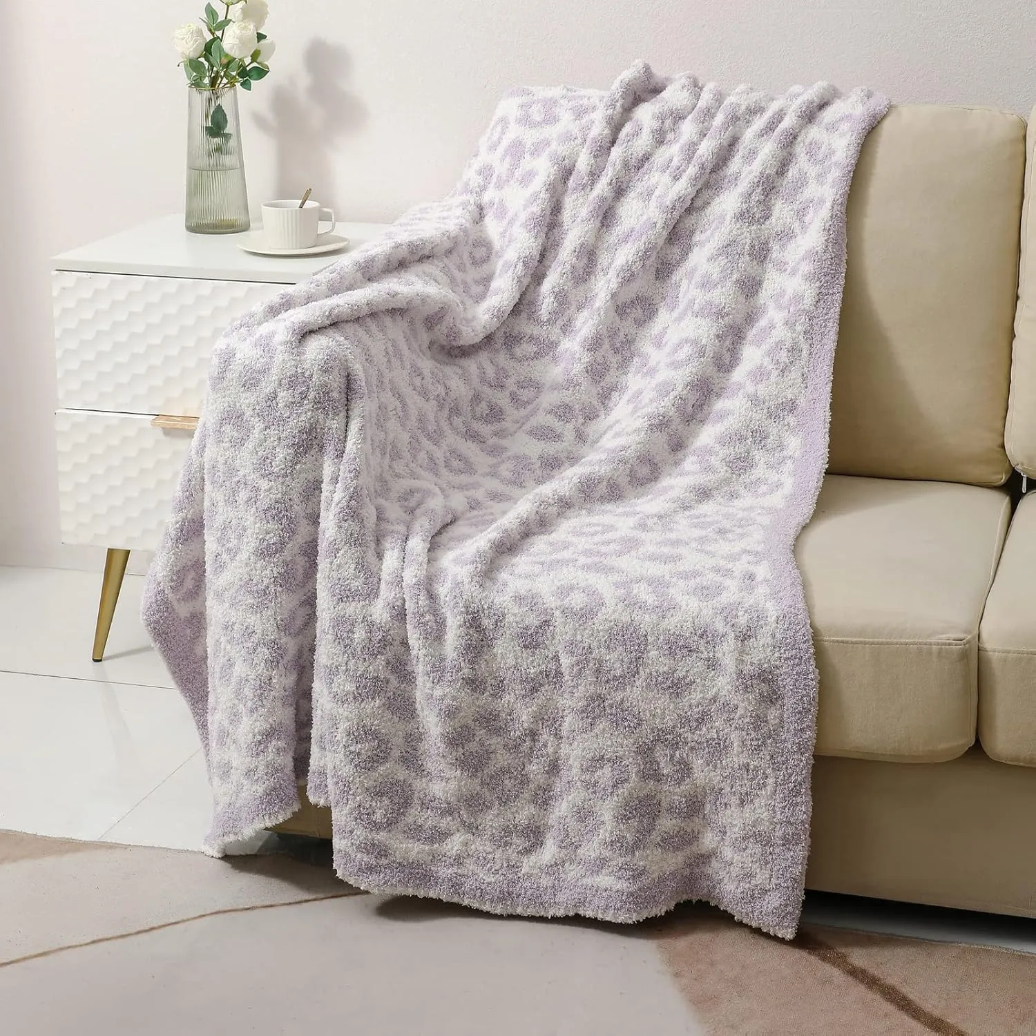 bearberry Fuzzy Leopard Knitted Throw Blanket Soft Cozy Warm Microfiber Blanket for Couch Sofa Bed Travel (Purple/Cream, 50"x60")
