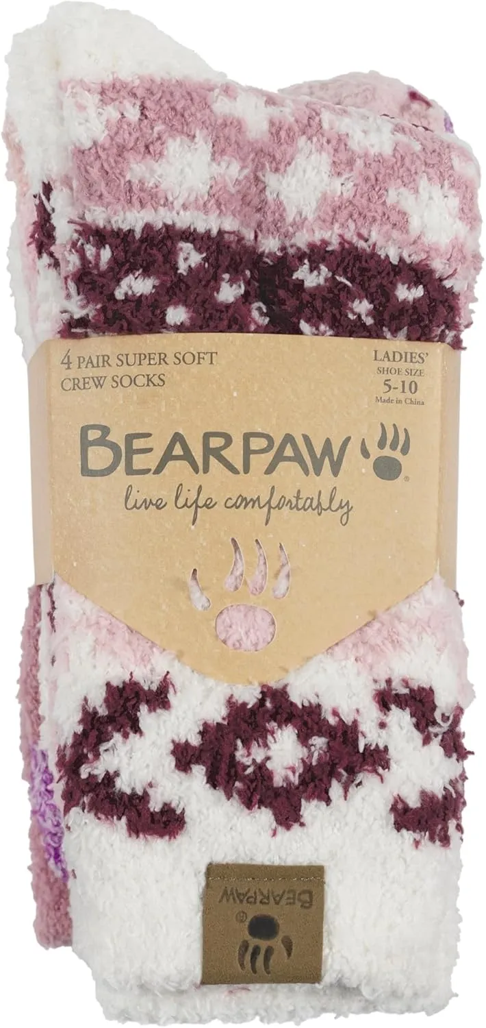 BEARPAW 4 Pair Pack Cozy Super Soft Lounge Socks Multi Pattern Crew Socks