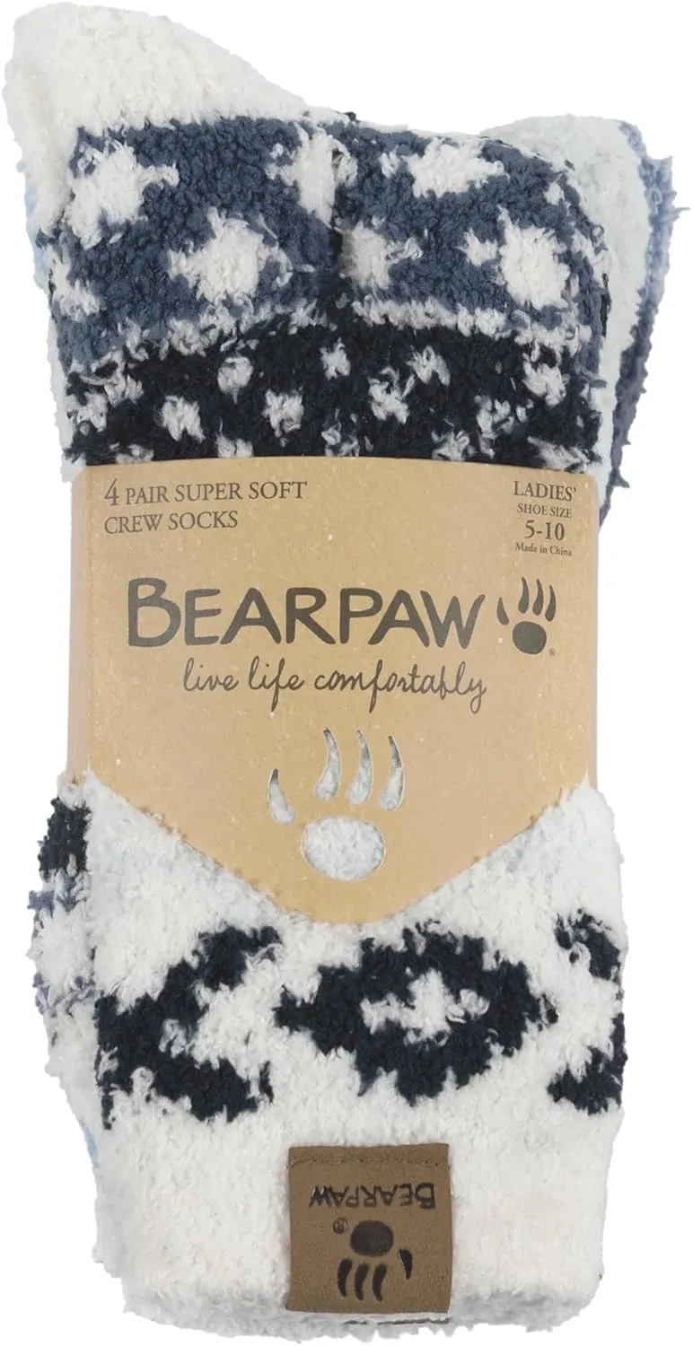 BEARPAW 4 Pair Pack Cozy Super Soft Lounge Socks Multi Pattern Crew Socks