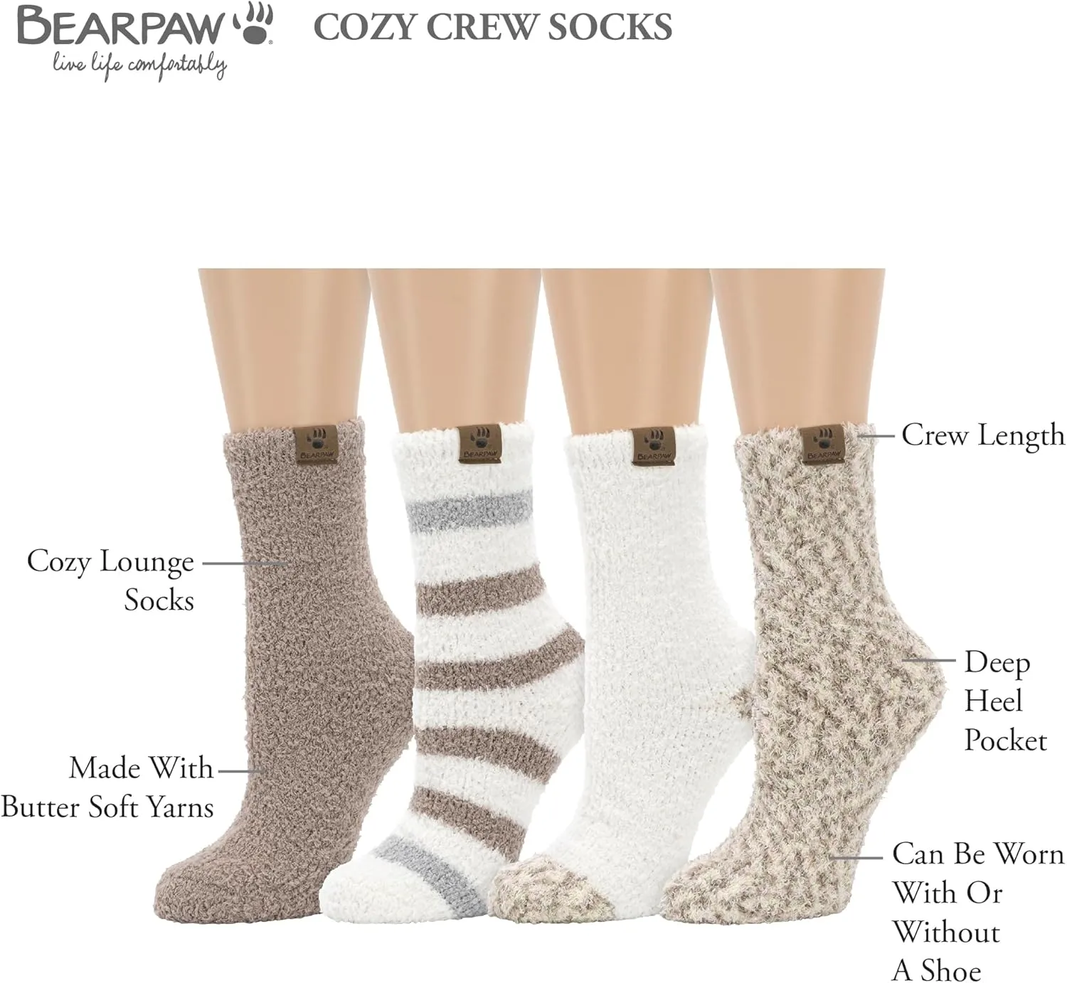 BEARPAW 4 Pair Pack Cozy Super Soft Lounge Socks Multi Pattern Crew Socks