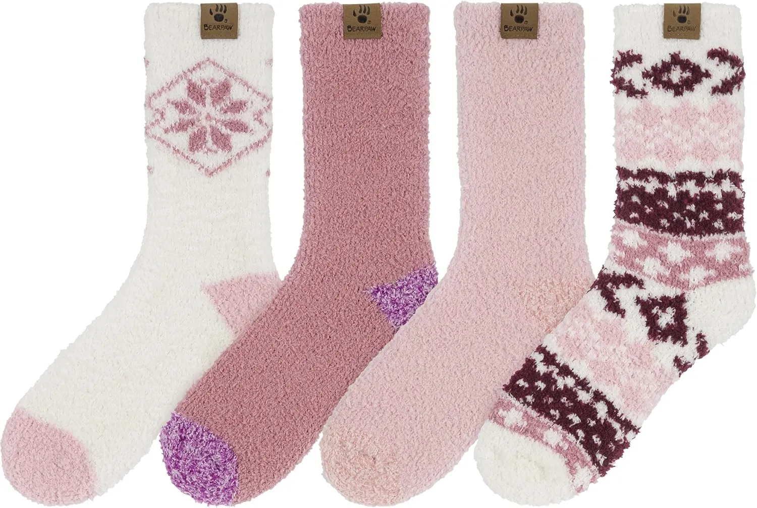 BEARPAW 4 Pair Pack Cozy Super Soft Lounge Socks Multi Pattern Crew Socks
