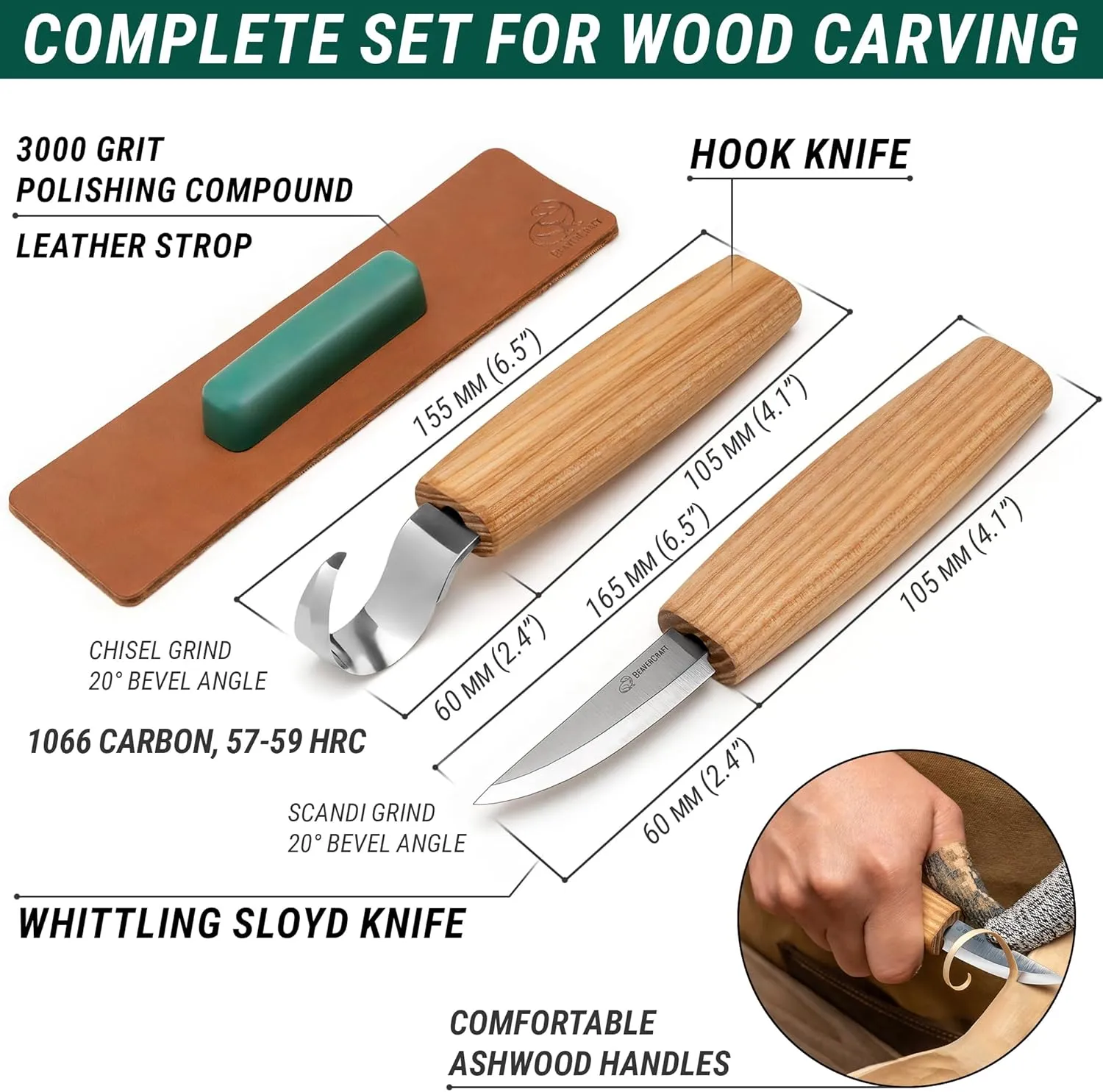 BeaverCraft S01 Wood Spoon Carving Knives Set Spoon Making Tools Kit Whittling Knife Hook Knife Right-handed Bowl Cup Kuksa for Beginners Woodworking Professional Wood Carving Kit