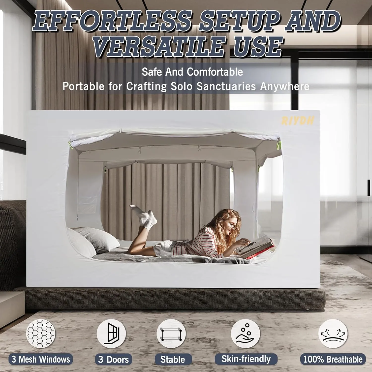 Bed Tent Bed Canopy Tents for Adult - Portable Dream Tent Indoor Sleeping Tents 80% Blackout with 3 Doors Breathable Private Space Tents