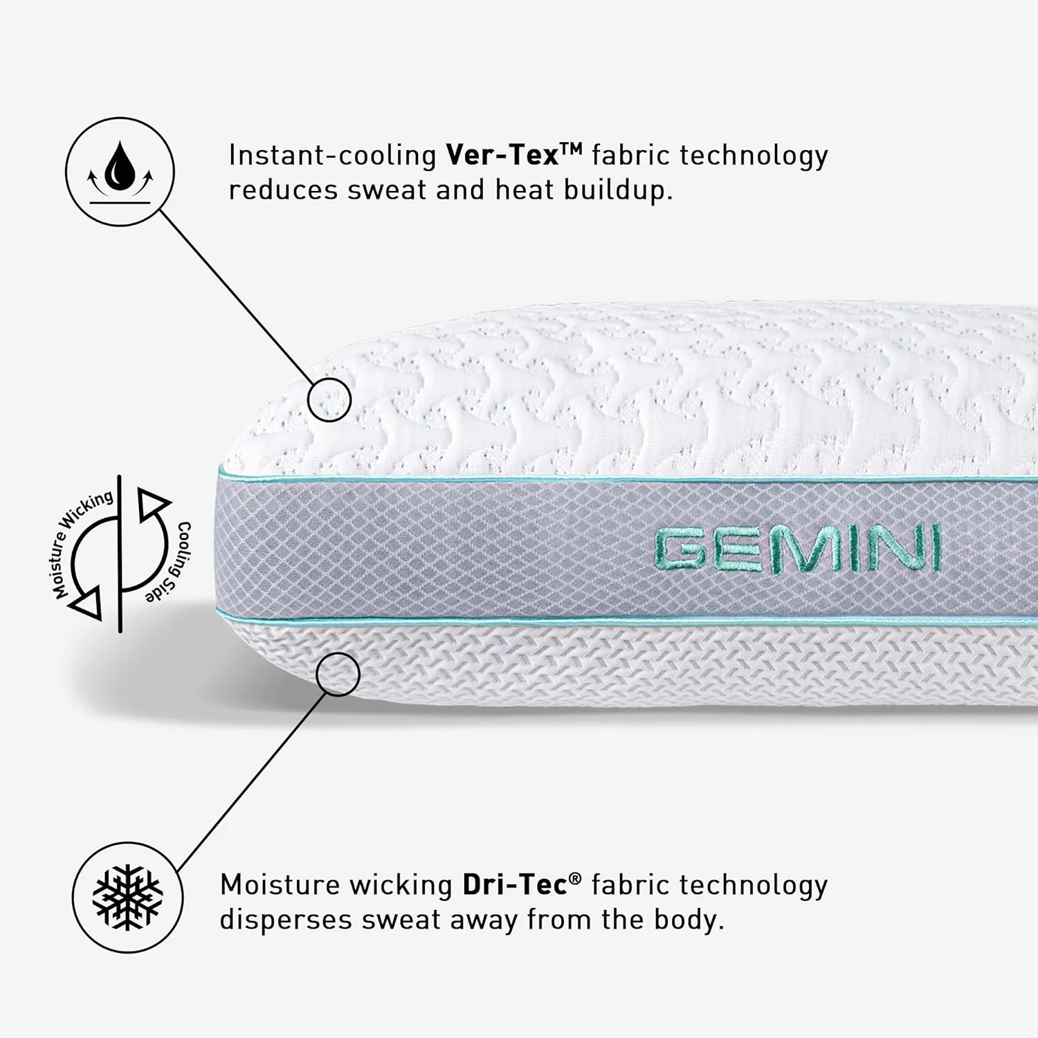 Bedgear Gemini Performance Pillow - Size 2.0 - Firm Support Pillow for Neutral/Warm Sleepers - Moisture Wicking and Cooling Dual Sided Pillow
