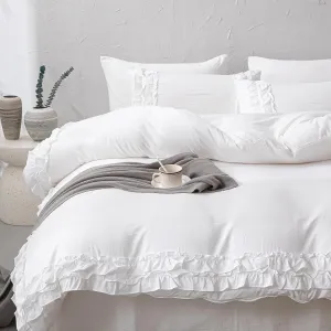 Bedorm White Ruffle Duvet Cover Queen Shabby Chic Bedding Set Pleat Ruffled Farmhouse Pure White Comforter Cover Extra Soft & Easy Care Boho Duvet Cover Set