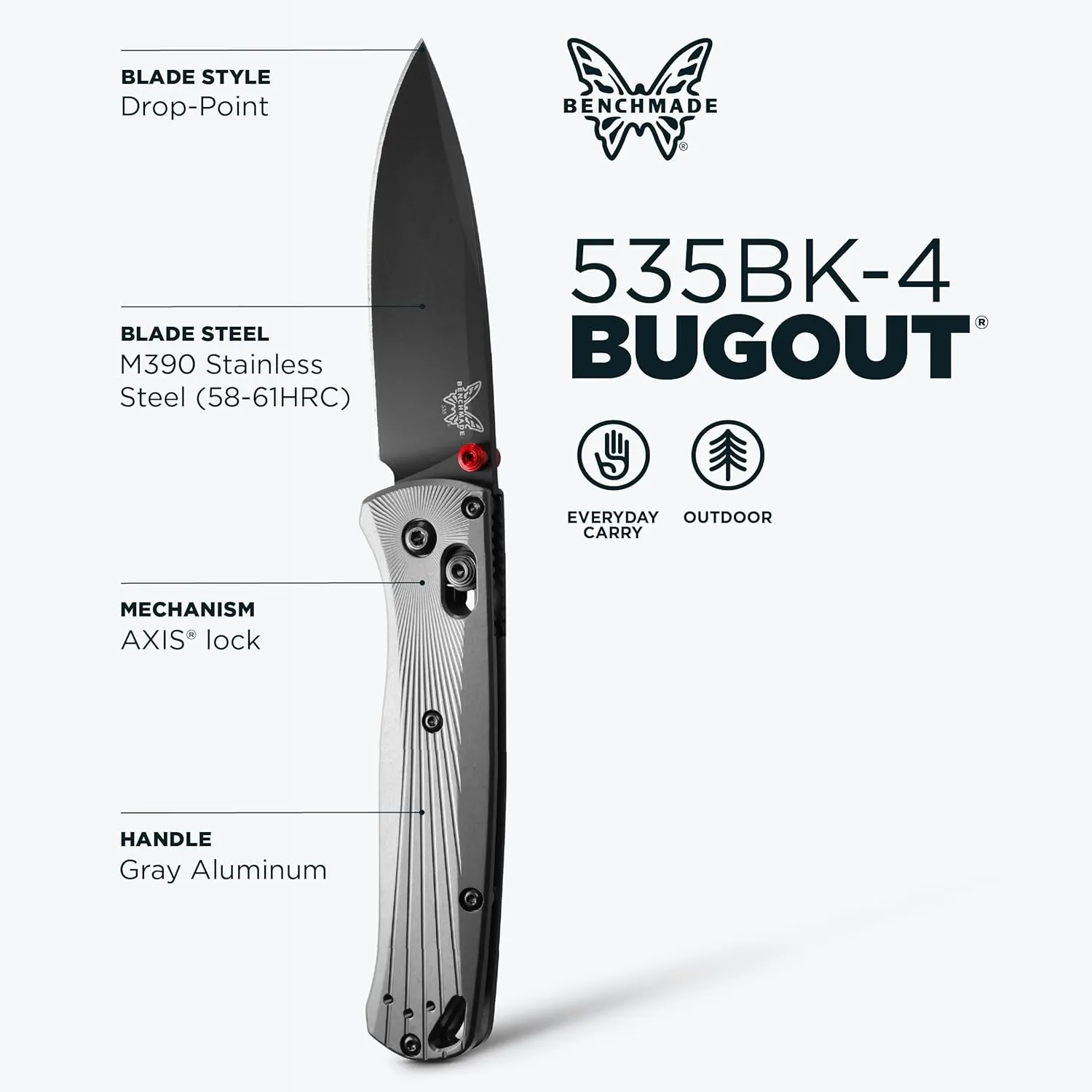 Benchmade - Bugout 535 EDC Knife with Gray Aluminum Handle (535BK-4)