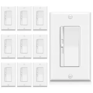 BESTTEN 10 Pack Super Slim Slide Dimmer Light Switch, Quiet Dimmer Switch, Single Pole or 3 Way Dimmable Switch, Max 300W LED, CFL, 600W Incandescent, Wall Plate Included, ETL Listed, White