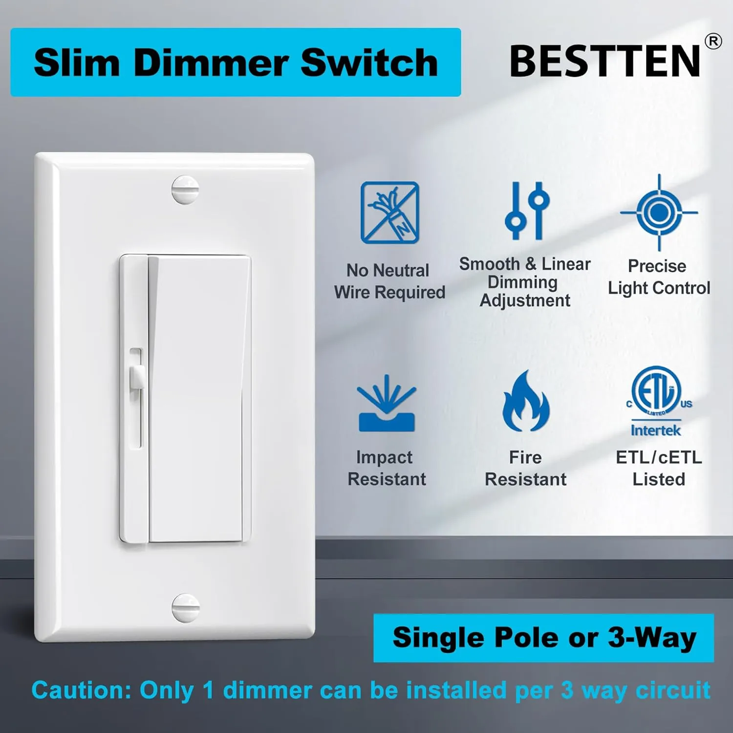 BESTTEN 10 Pack Super Slim Slide Dimmer Light Switch, Quiet Dimmer Switch, Single Pole or 3 Way Dimmable Switch, Max 300W LED, CFL, 600W Incandescent, Wall Plate Included, ETL Listed, White