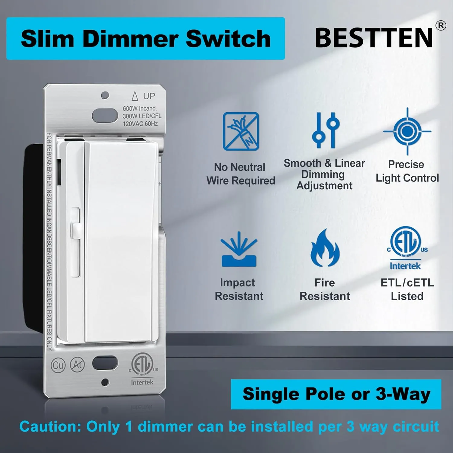 BESTTEN 6 Pack Slide Dimmer Light Switch, Super Slim Single Pole or 3 Way Dimmable Switch, Max 300W LED or CFL, 600W Incandescent, ETL Listed, White