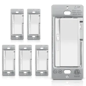 BESTTEN 6 Pack Slide Dimmer Light Switch, Super Slim Single Pole or 3 Way Dimmable Switch, Max 300W LED or CFL, 600W Incandescent, ETL Listed, White