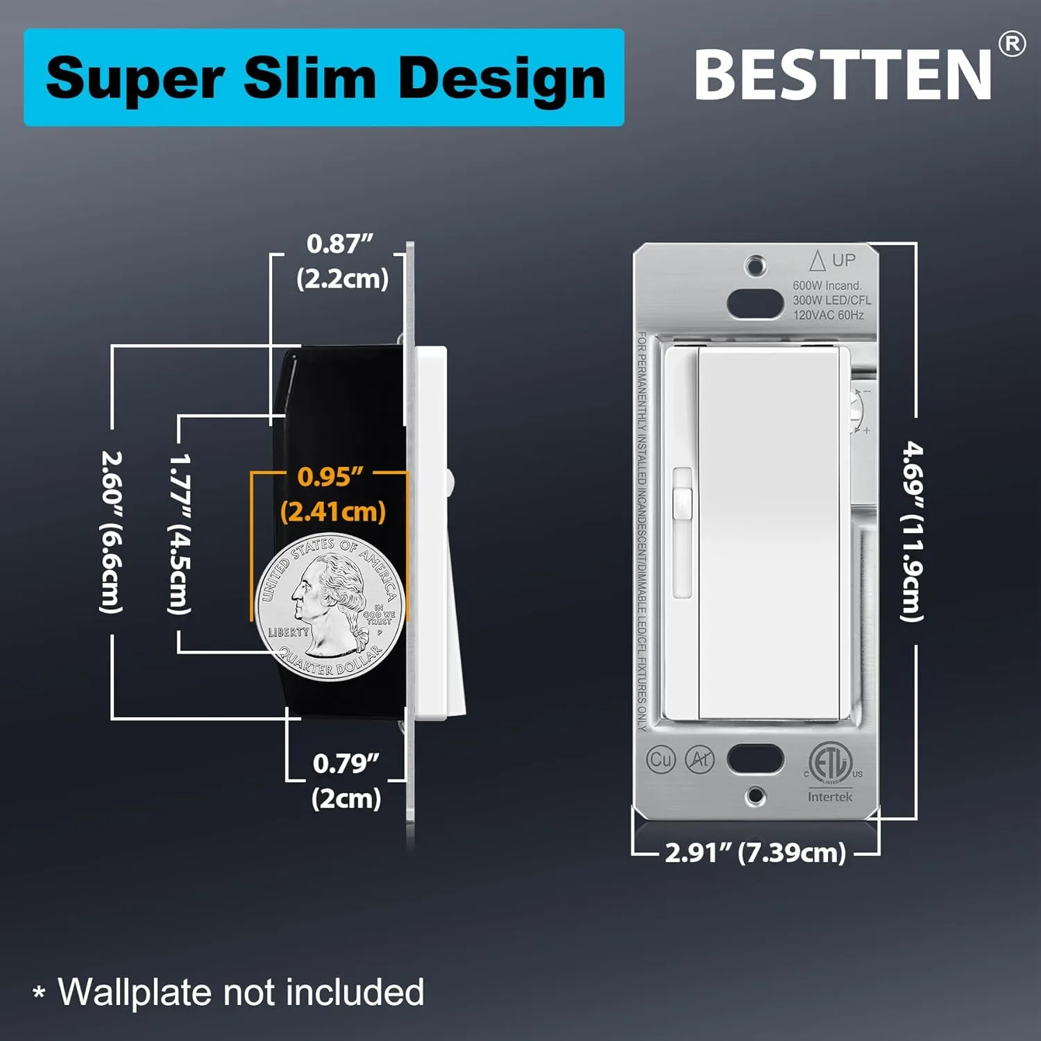 BESTTEN 6 Pack Slide Dimmer Light Switch, Super Slim Single Pole or 3 Way Dimmable Switch, Max 300W LED or CFL, 600W Incandescent, ETL Listed, White