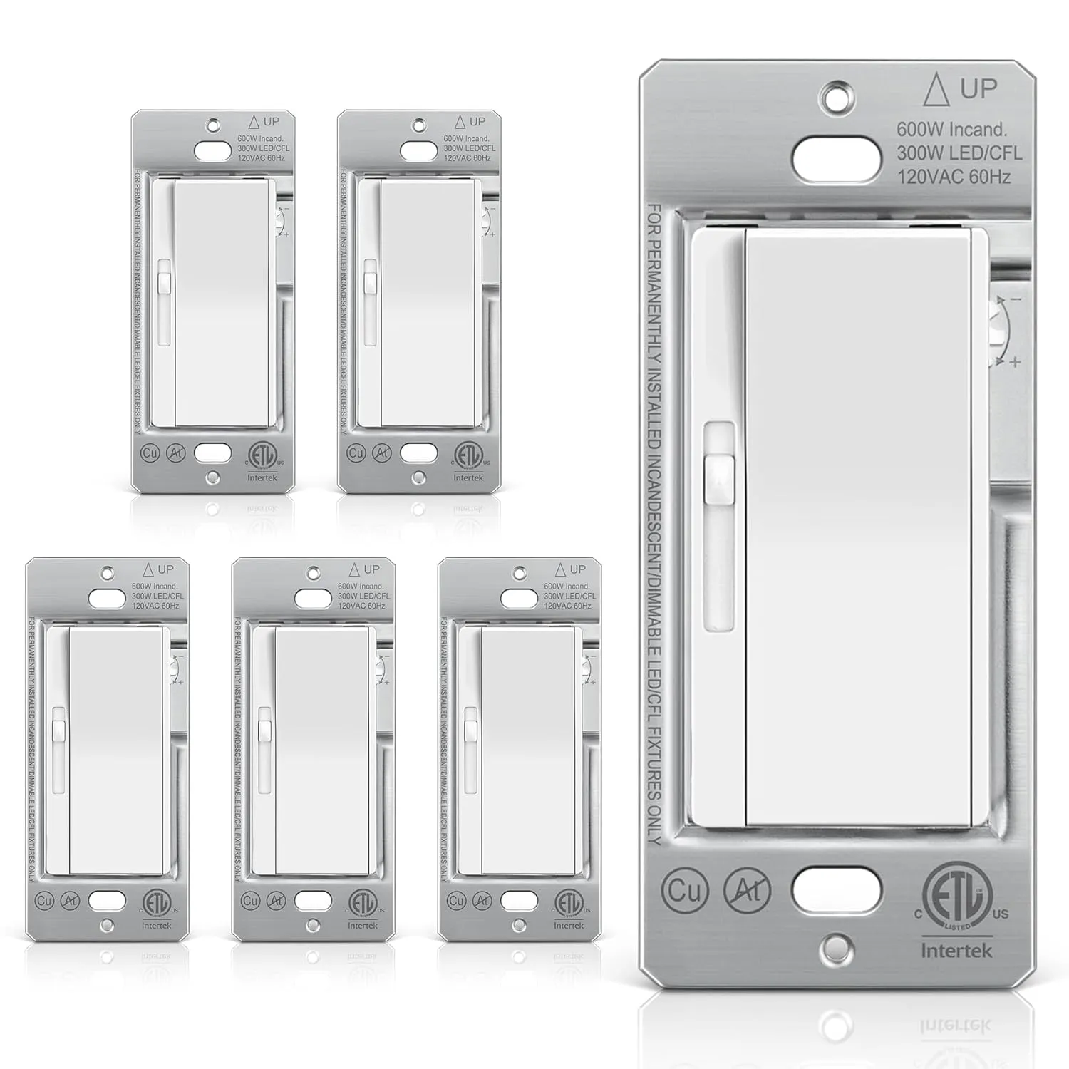 BESTTEN 6 Pack Slide Dimmer Light Switch, Super Slim Single Pole or 3 Way Dimmable Switch, Max 300W LED or CFL, 600W Incandescent, ETL Listed, White