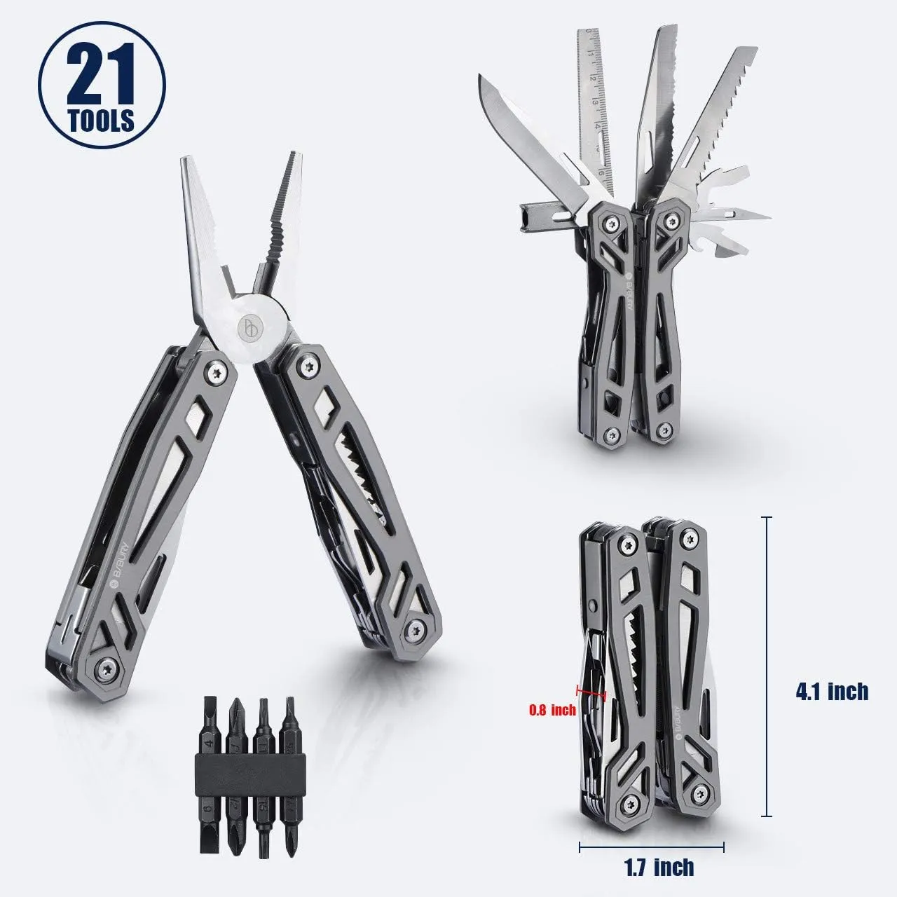BIBURY Multitool Pliers, 21-in-1 Titanium Multi-Purpose Pocket Knife Pliers with Screwdriver Sleeve, 420 Durable Stainless Steel Multi-Plier Multi Tool for Survival, Camping, Hunting, Fishing, Hiking