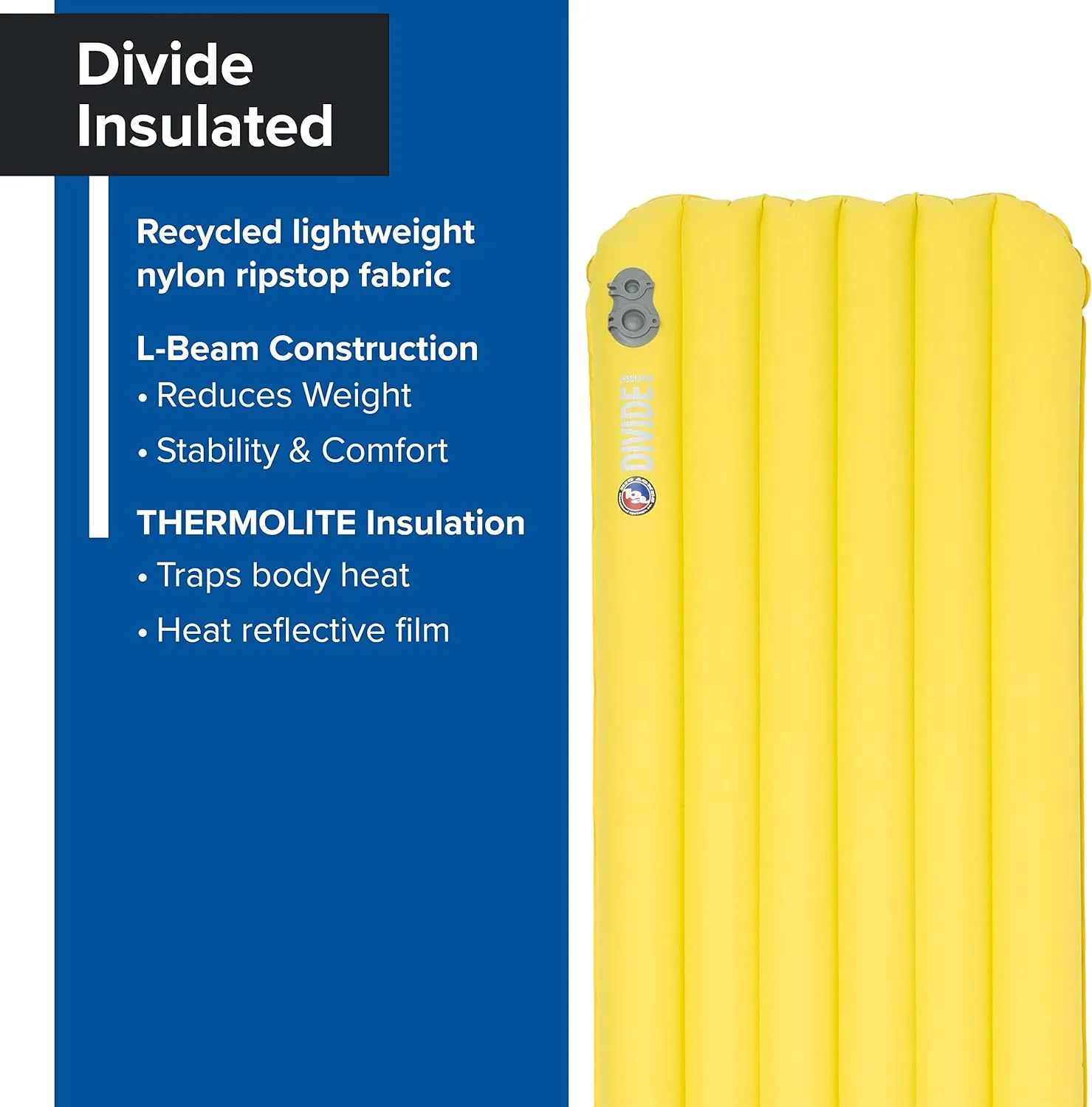Big Agnes Divide Insulated | Lightweight, Compact, 3-Season Air Chamber Sleeping Pad, Regular, Warm Olive