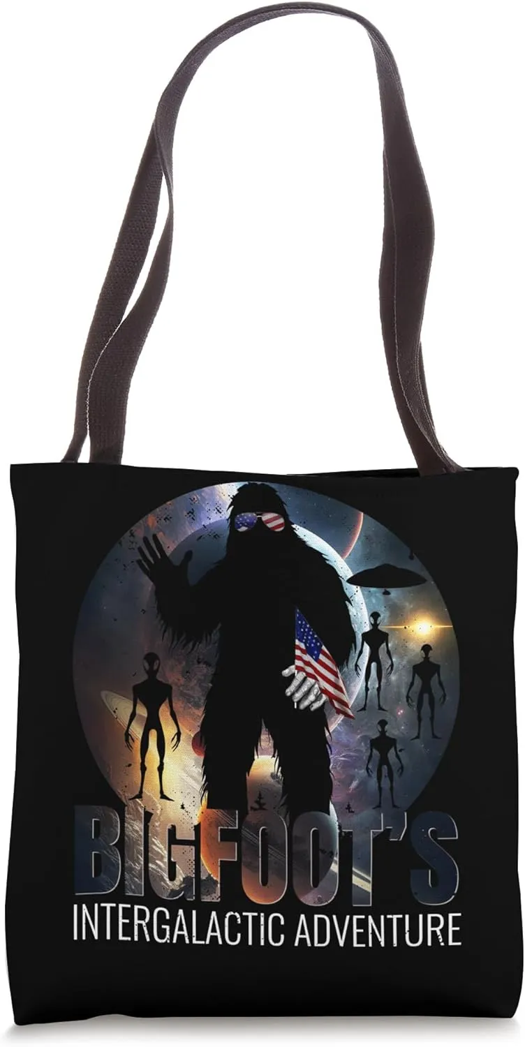 Bigfoot's Intergalactic Adventure Space American Flag Funny Tote Bag