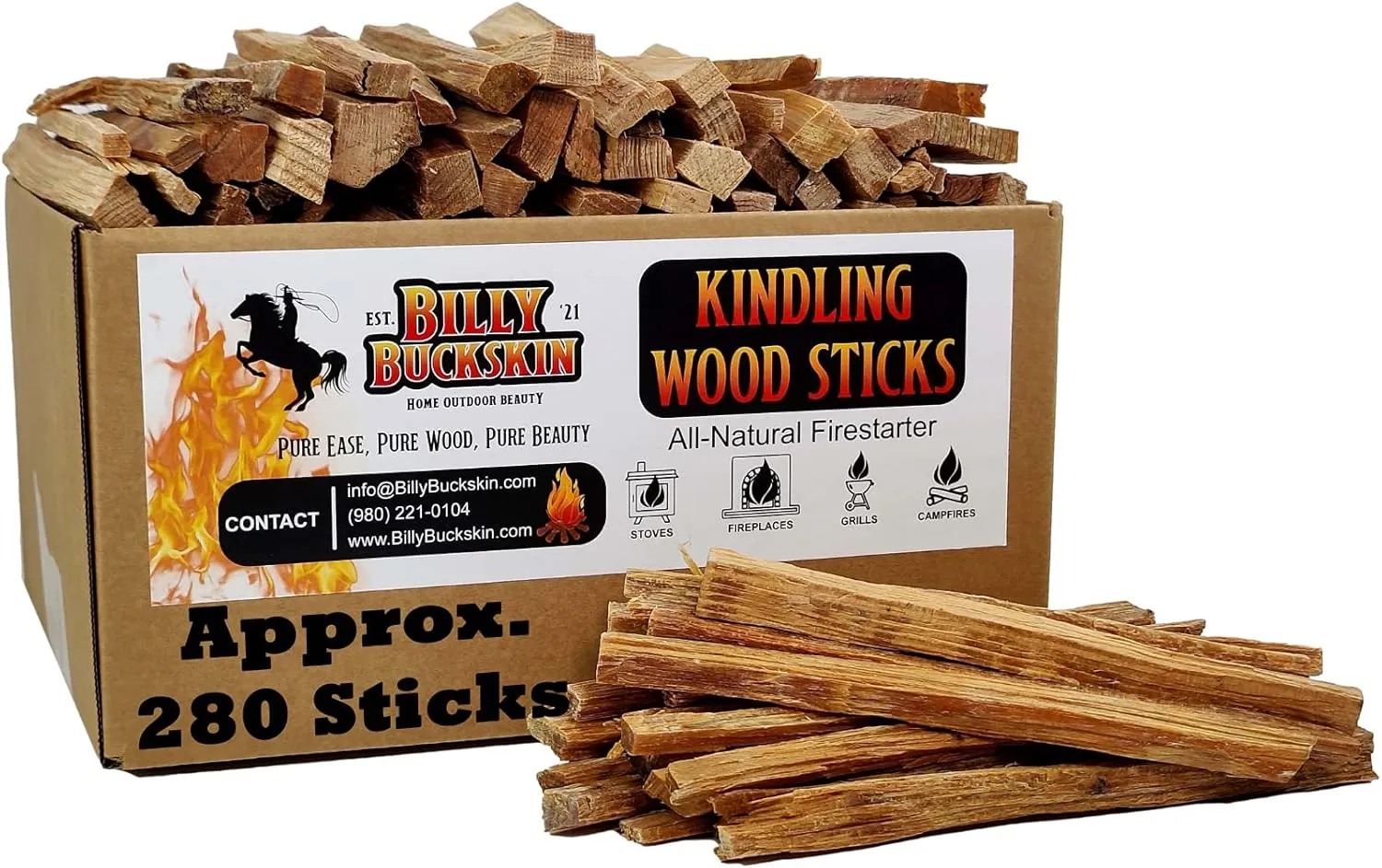 Billy Buckskin Co. Kindling Wood Fire Sticks, Firewood Kindling Stick, Fire Starter for Campfires, Firepits, Bonfires, Outdoor & Indoor Fireplaces, Approx. 280 Kiln Dried Kindling Fire Sticks per Box