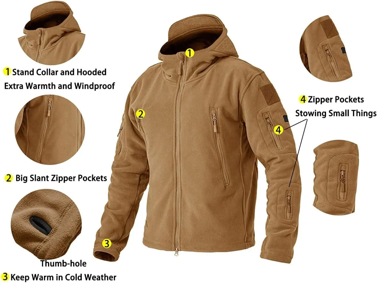 BIYLACLESEN Men's Winter Fleece Jackets Hooded Warm Military Tactical Coats Sport Outdoor Fleece Jacket Coats