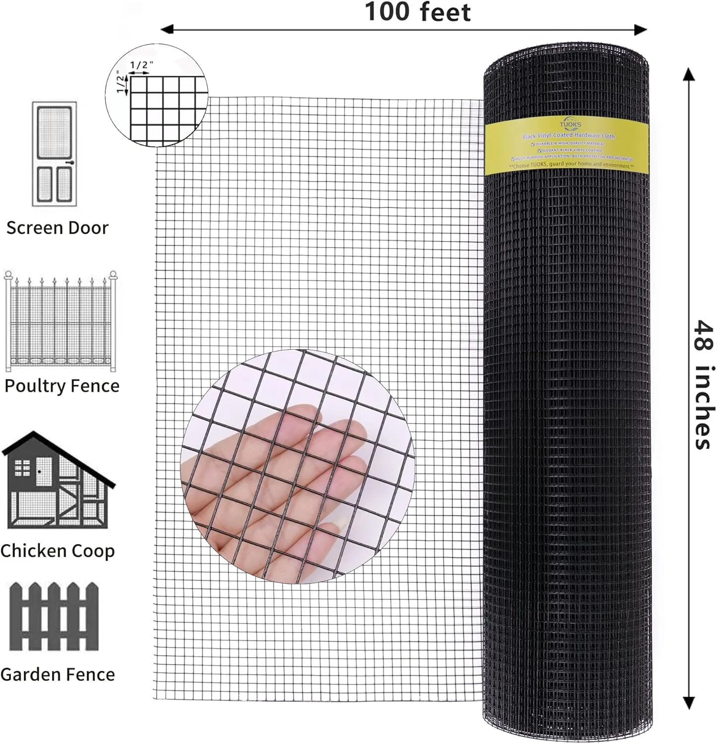 Black Hardware Cloth 1/2 inch 48 x 100 ft 19 Gange PVC Coated Wire Mesh Roll Black Chicken Wire Mesh Fencing Garden Fencing Snake Fence Welded Wire Mesh Fene Roll Gopher Wire mesh