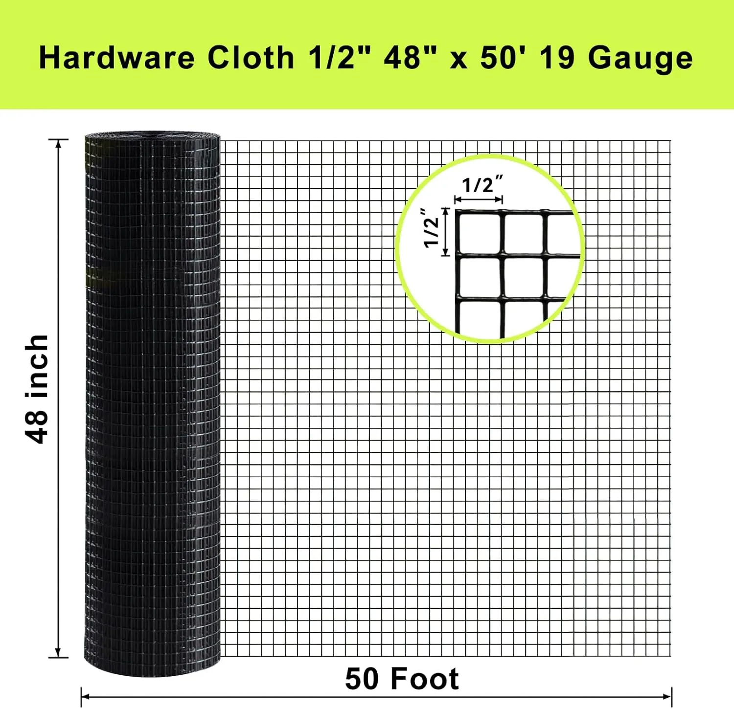Black Hardware Cloth 48'' x 50' 1/2 inch Mesh 19 Gauge - PVC Coating Wire Mesh Rolls Vinyl Coated Wire Fence Roll Garden Fencing Chicken Run Mesh Screen