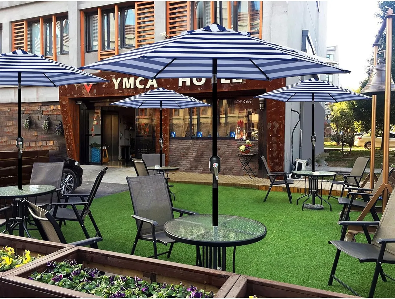 Blissun 7.5 ft Patio Umbrella, Yard Umbrella, Outdoor Market Umbrella with Push Button Tilt Crank (Blue&White)