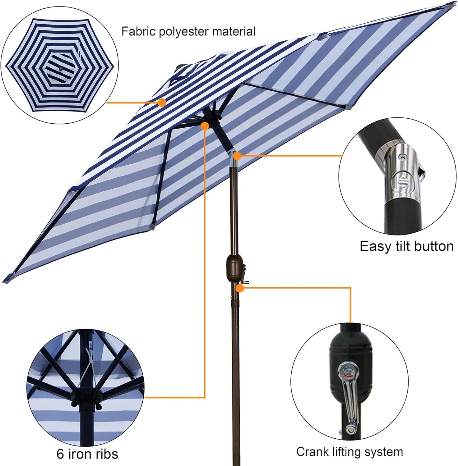 Blissun 7.5 ft Patio Umbrella, Yard Umbrella, Outdoor Market Umbrella with Push Button Tilt Crank (Blue&White)