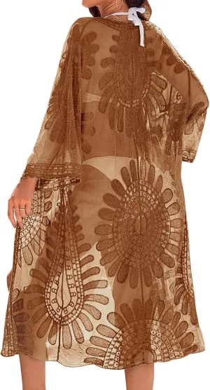 Blooming Jelly Womens Bathing Suit Cover Up 3/4 Sleeve Mesh Swimsuit Coverup Long Floral Beach Lace Kimono Summer Cardigan
