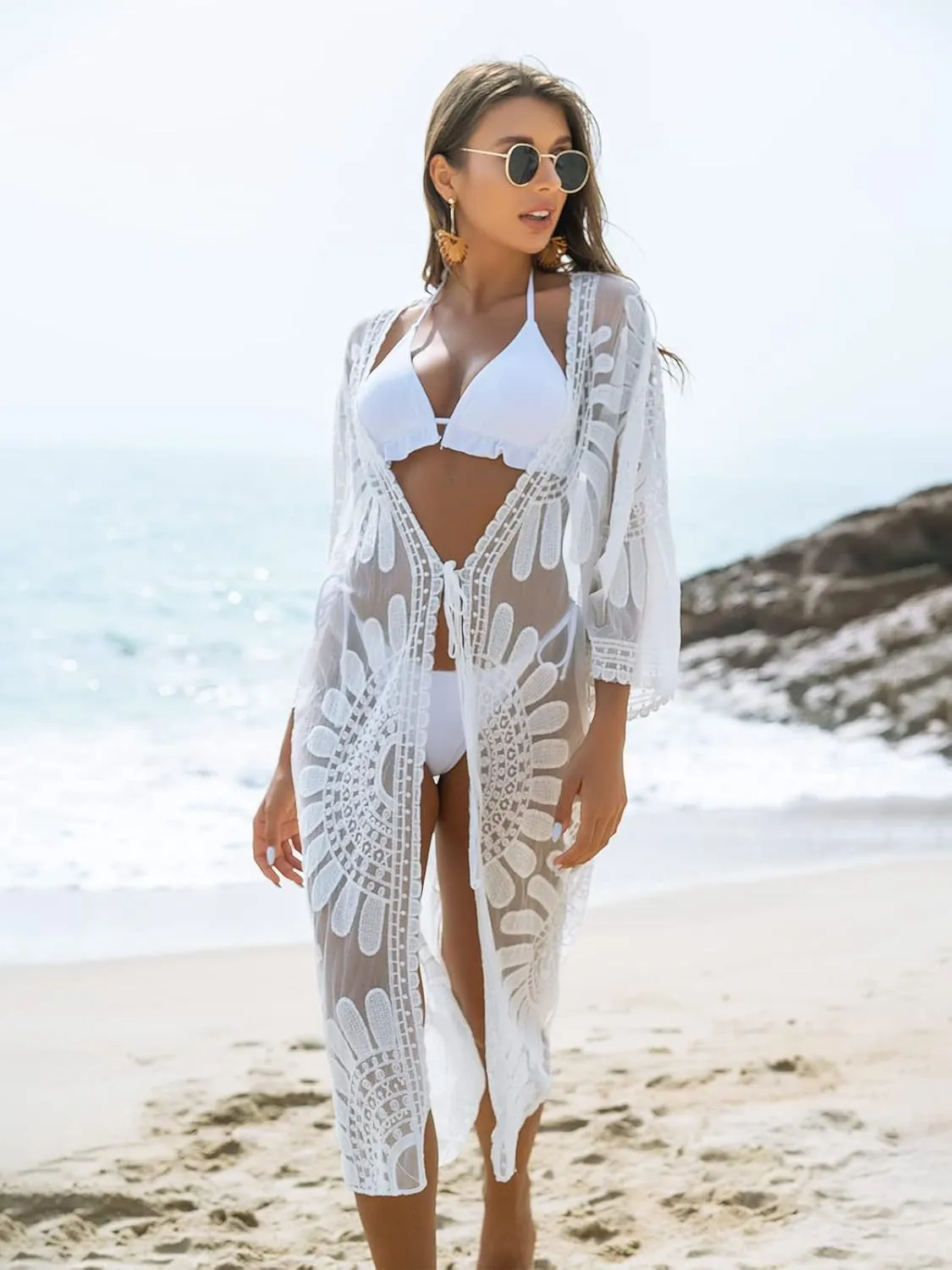 Blooming Jelly Womens Bathing Suit Cover Up 3/4 Sleeve Mesh Swimsuit Coverup Long Floral Beach Lace Kimono Summer Cardigan