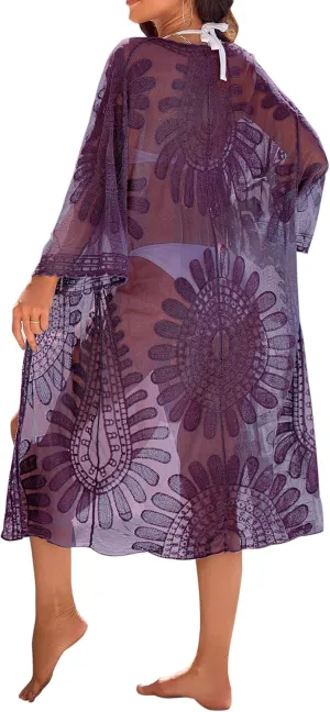Blooming Jelly Womens Bathing Suit Cover Up 3/4 Sleeve Mesh Swimsuit Coverup Long Floral Beach Lace Kimono Summer Cardigan