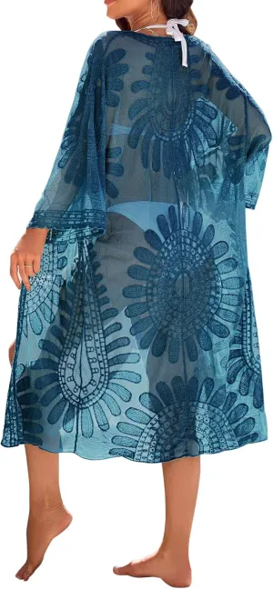 Blooming Jelly Womens Bathing Suit Cover Up 3/4 Sleeve Mesh Swimsuit Coverup Long Floral Beach Lace Kimono Summer Cardigan