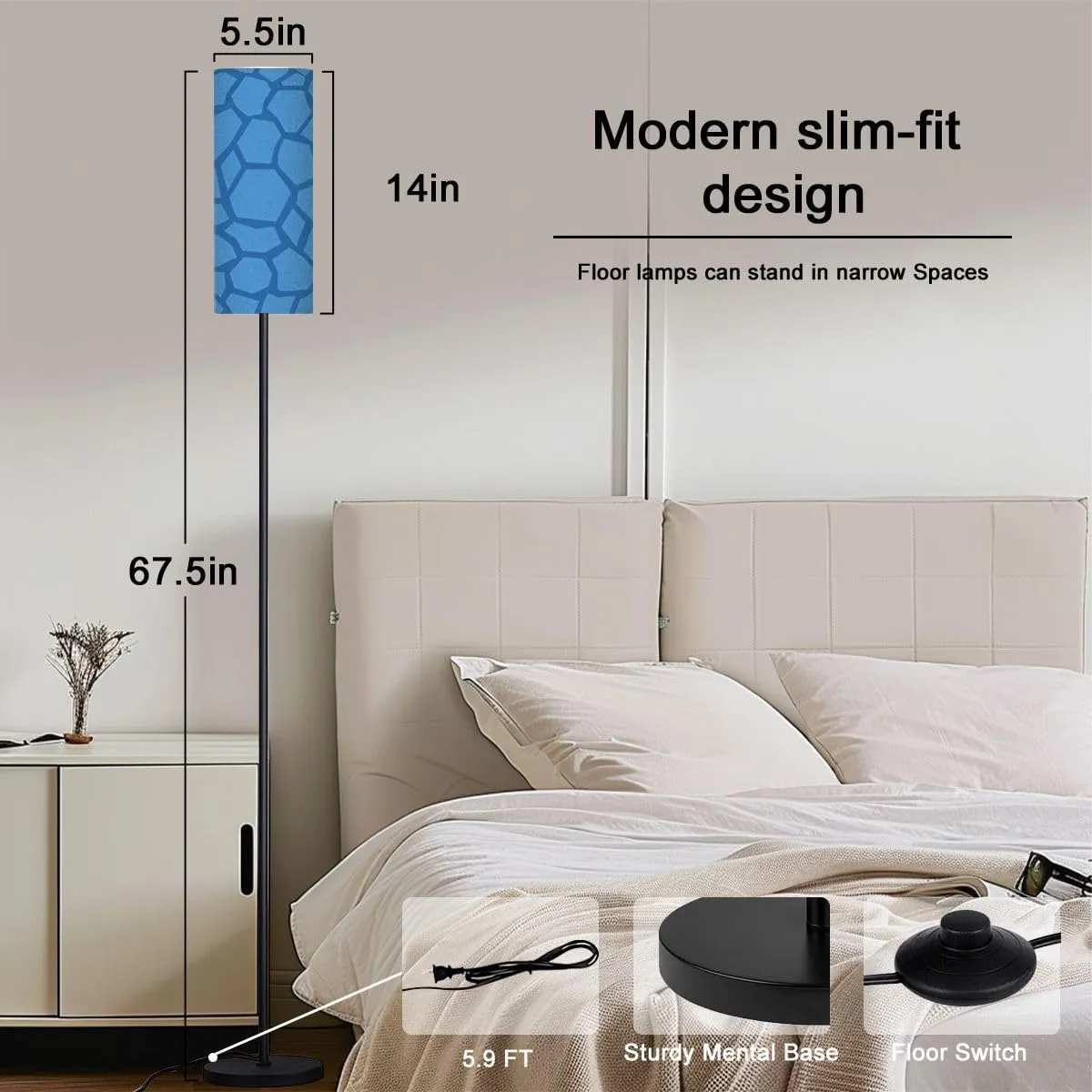 Blue Dinosaur Skin Seamless Pattern Modern Floor Lamp Minimalist Standing Lamps for Living Room LED Corner Lamp Remote Control Metal Pole Lamp for Bedroom, Reading