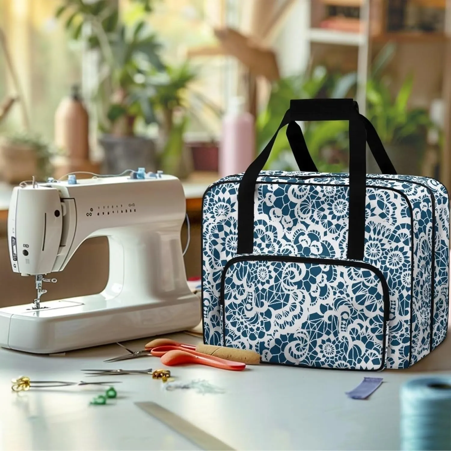 Blue Mandala Stripes Travel Sewing Machine Case Tote Bag for Sewing Machine with Top Handle for Most Standard Singer, Brother Dust Proof and Easy to Use