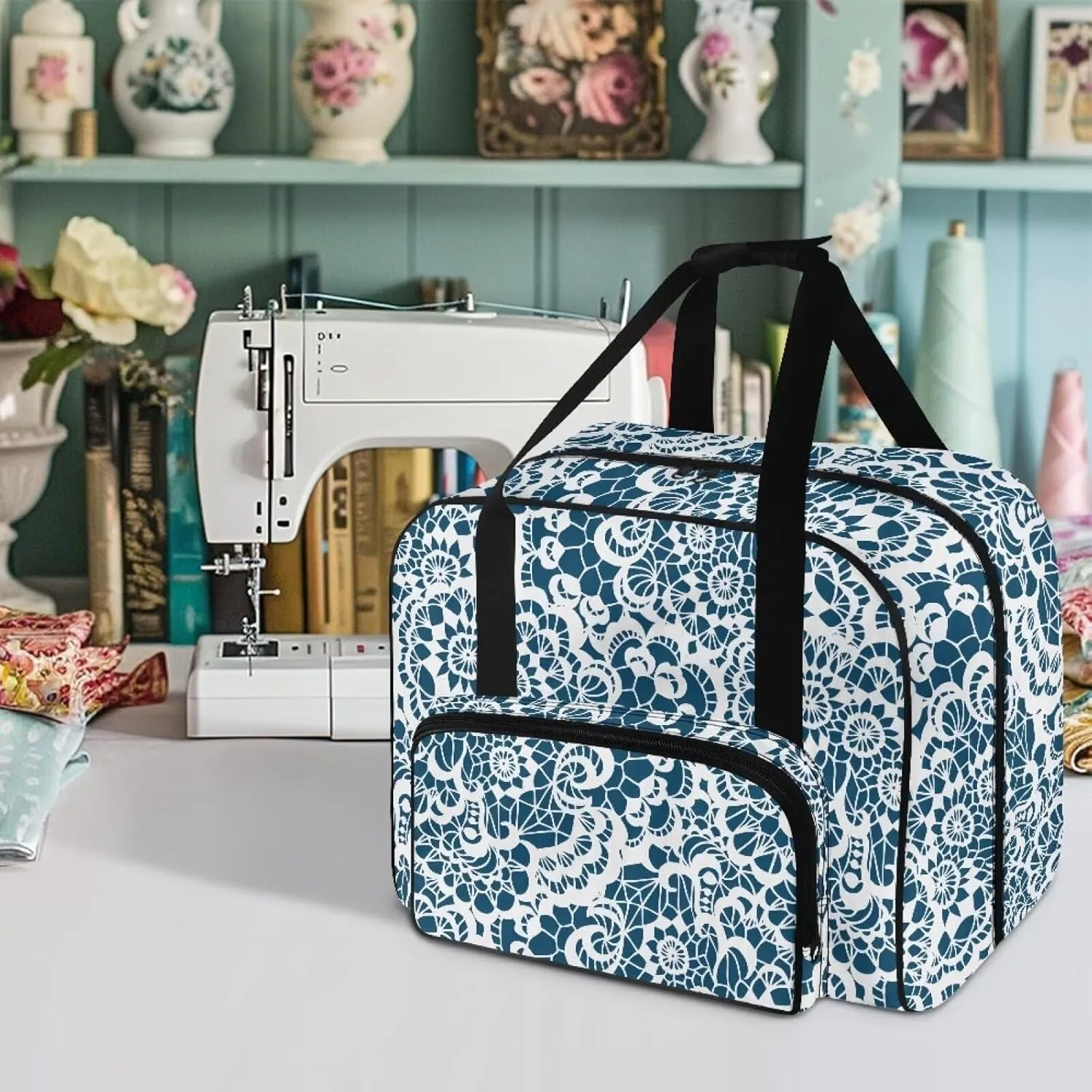 Blue Mandala Stripes Travel Sewing Machine Case Tote Bag for Sewing Machine with Top Handle for Most Standard Singer, Brother Dust Proof and Easy to Use