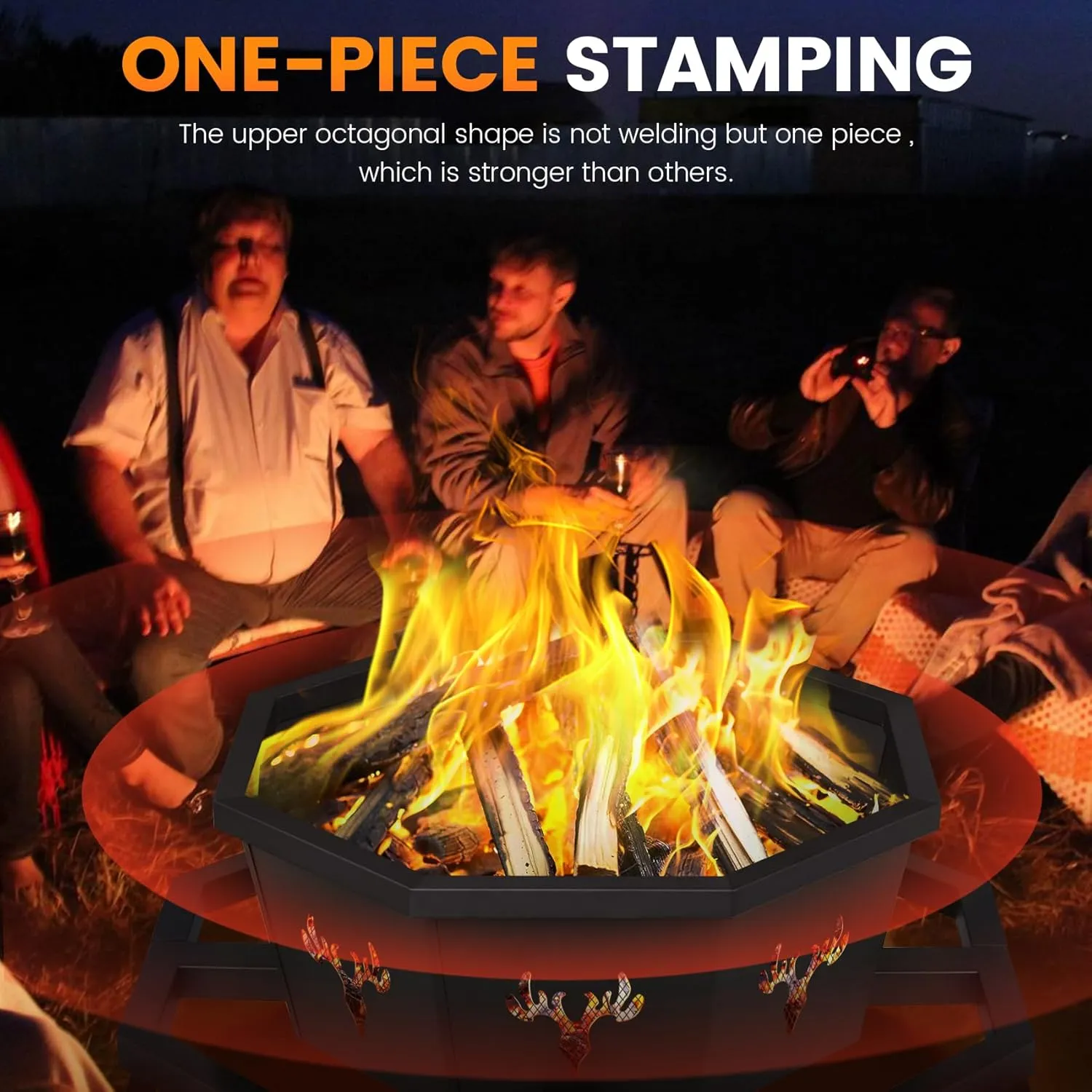 BOINN 35 Inch Fire Pit, Wood Burning Fire Pit for Outside, Heavy Duty Octagonal Firepit with Poker for Camping Backyard Patio Black
