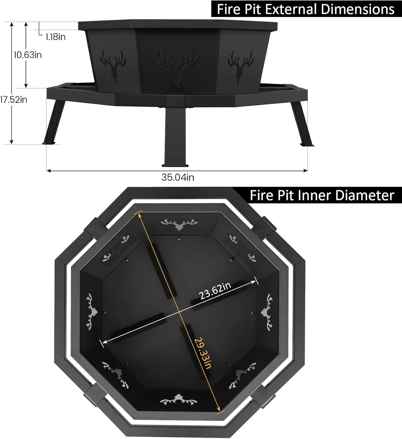BOINN 35 Inch Fire Pit, Wood Burning Fire Pit for Outside, Heavy Duty Octagonal Firepit with Poker for Camping Backyard Patio Black