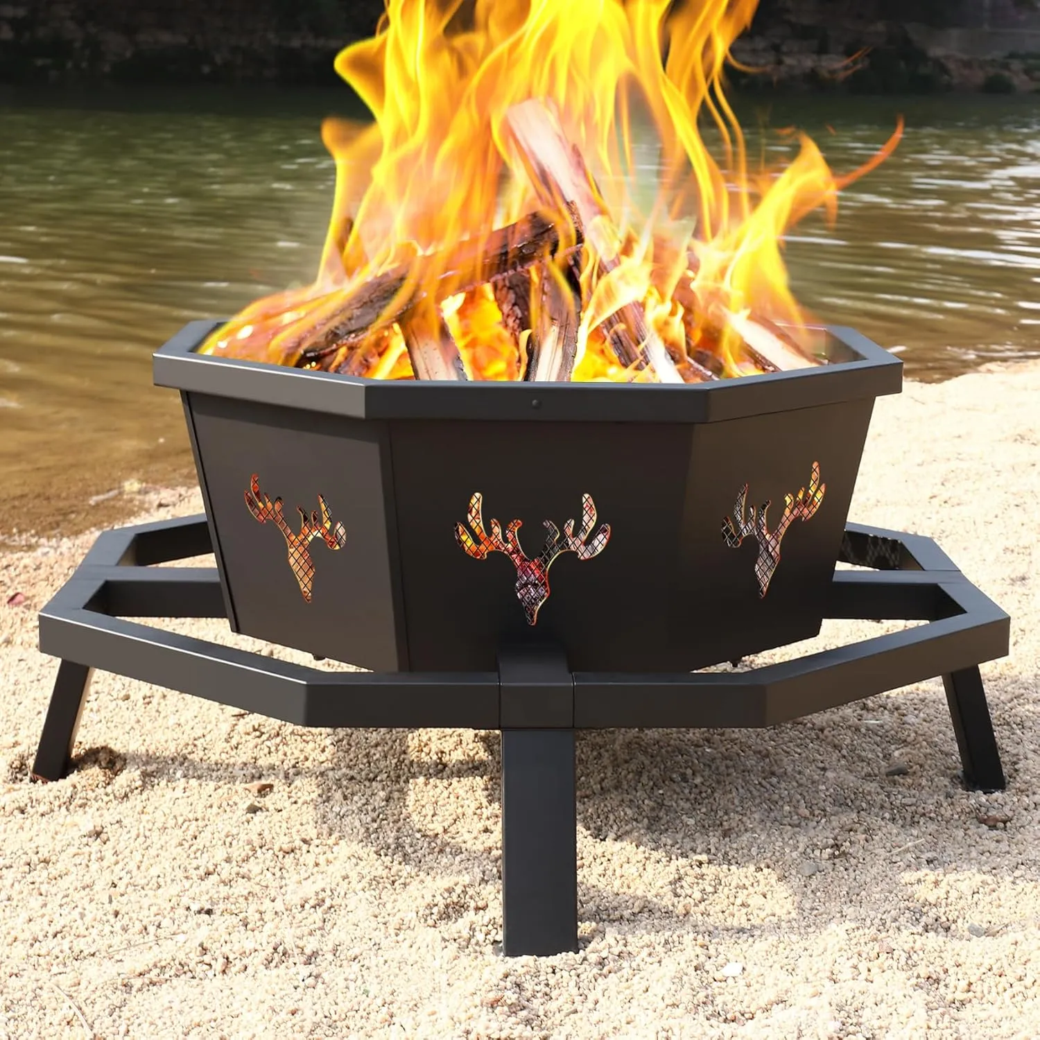 BOINN 35 Inch Fire Pit, Wood Burning Fire Pit for Outside, Heavy Duty Octagonal Firepit with Poker for Camping Backyard Patio Black