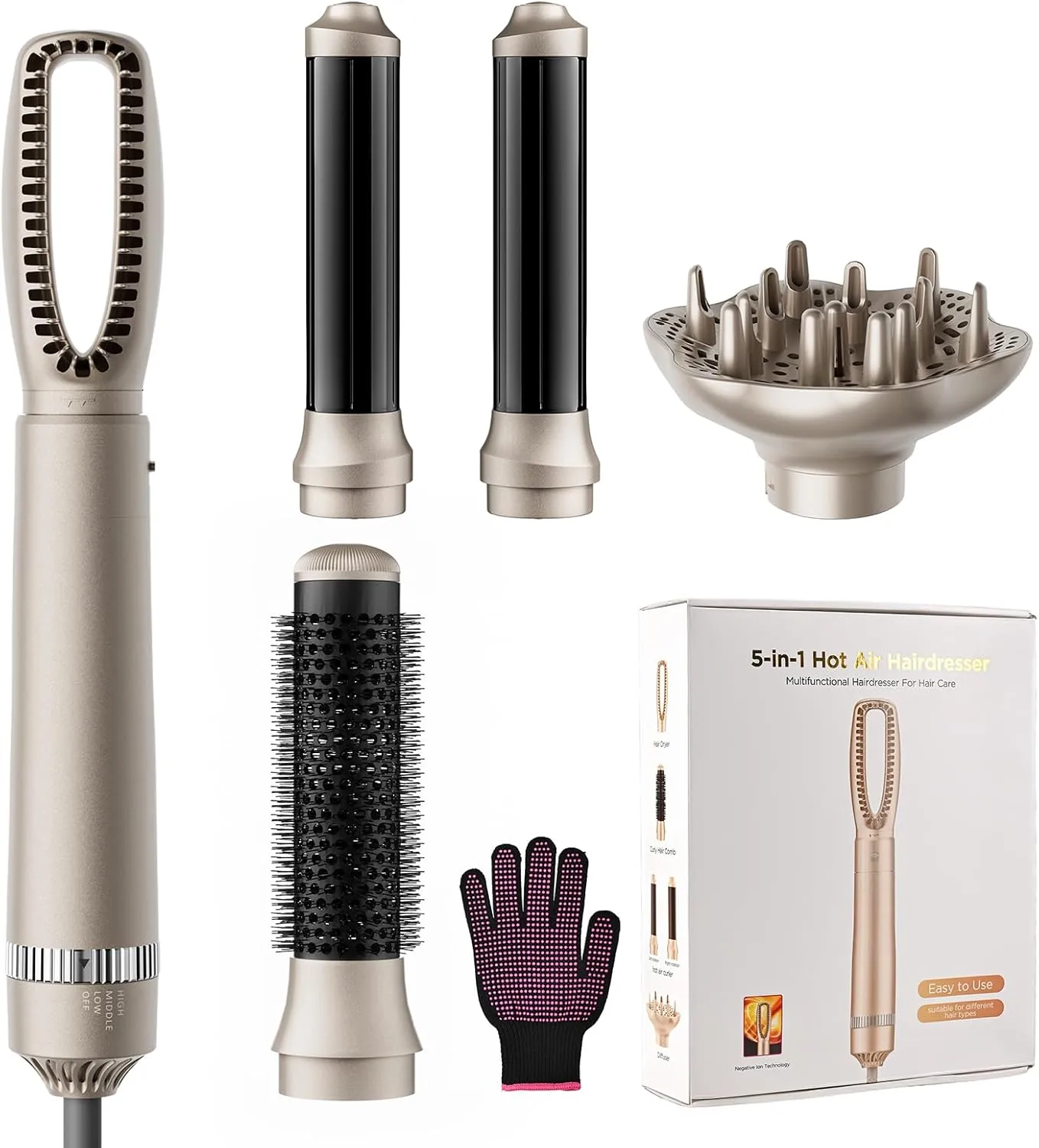 Bo'laiya 5-in-1 Hot-Air Brushes Brush for Straightening, Curling & Styling, Detachable & Interchangeable Brush Head, Negative Ionic Technology, for All Hair Types,Protective Glove Included