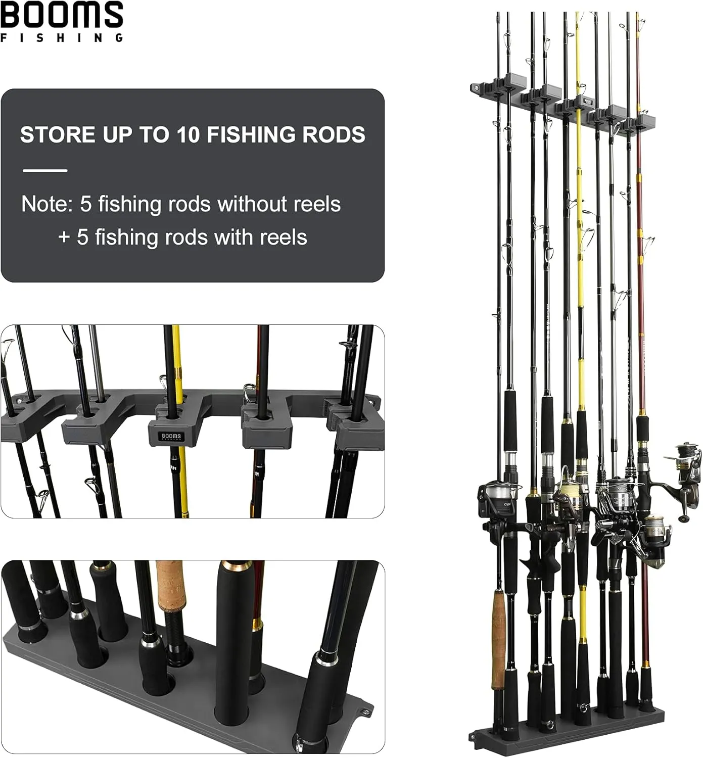 Booms Fishing Rod Holder for Garage: Wall Mount Fishing Pole Holders for Garage | Fishing Rod Rack Holds Up to 10 Rods, Vertical/Horizontal/Ceiling Fishing Pole Racks, WV4 Gray   Black