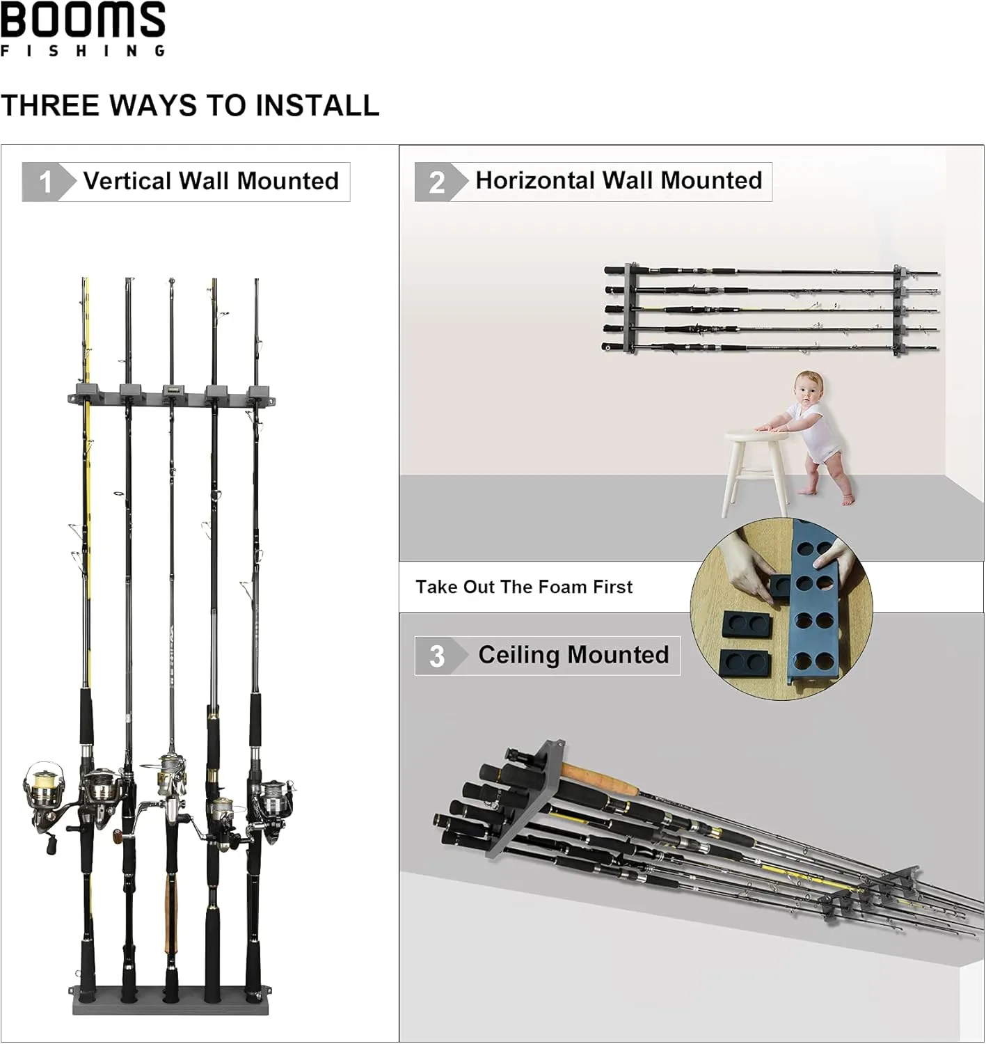 Booms Fishing Rod Holder for Garage: Wall Mount Fishing Pole Holders for Garage | Fishing Rod Rack Holds Up to 10 Rods, Vertical/Horizontal/Ceiling Fishing Pole Racks, WV4 Gray   Black