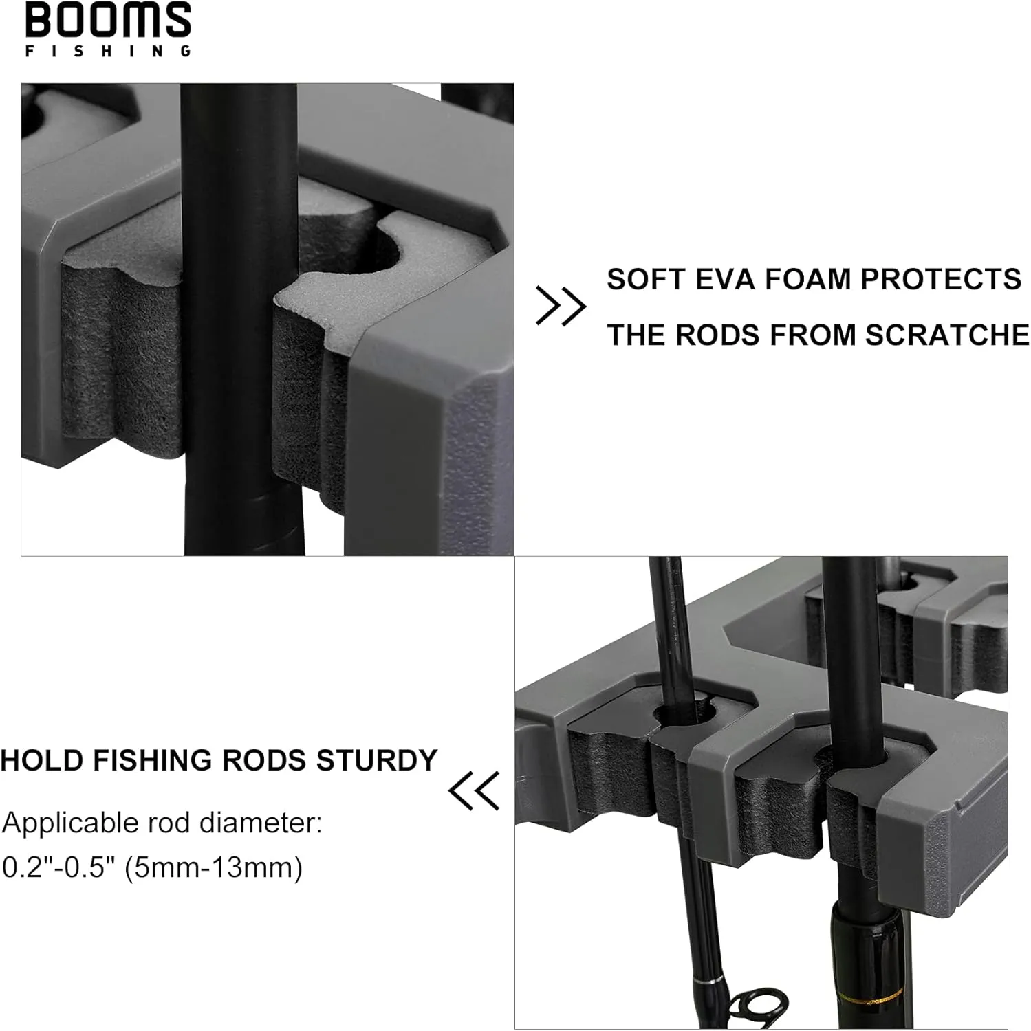Booms Fishing Rod Holder for Garage: Wall Mount Fishing Pole Holders for Garage | Fishing Rod Rack Holds Up to 10 Rods, Vertical/Horizontal/Ceiling Fishing Pole Racks, WV4 Gray   Black