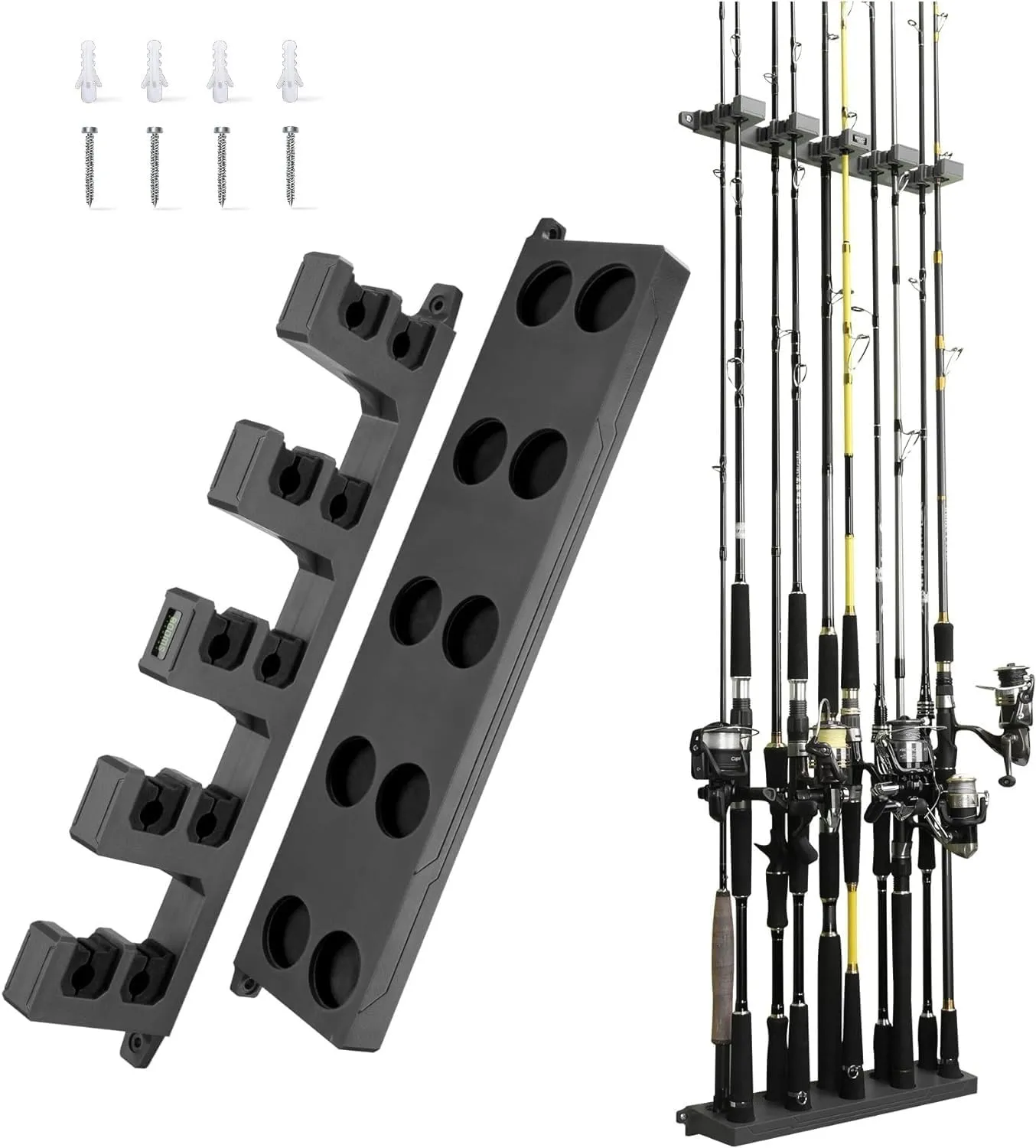 Booms Fishing Rod Holder for Garage: Wall Mount Fishing Pole Holders for Garage | Fishing Rod Rack Holds Up to 10 Rods, Vertical/Horizontal/Ceiling Fishing Pole Racks, WV4 Gray   Black