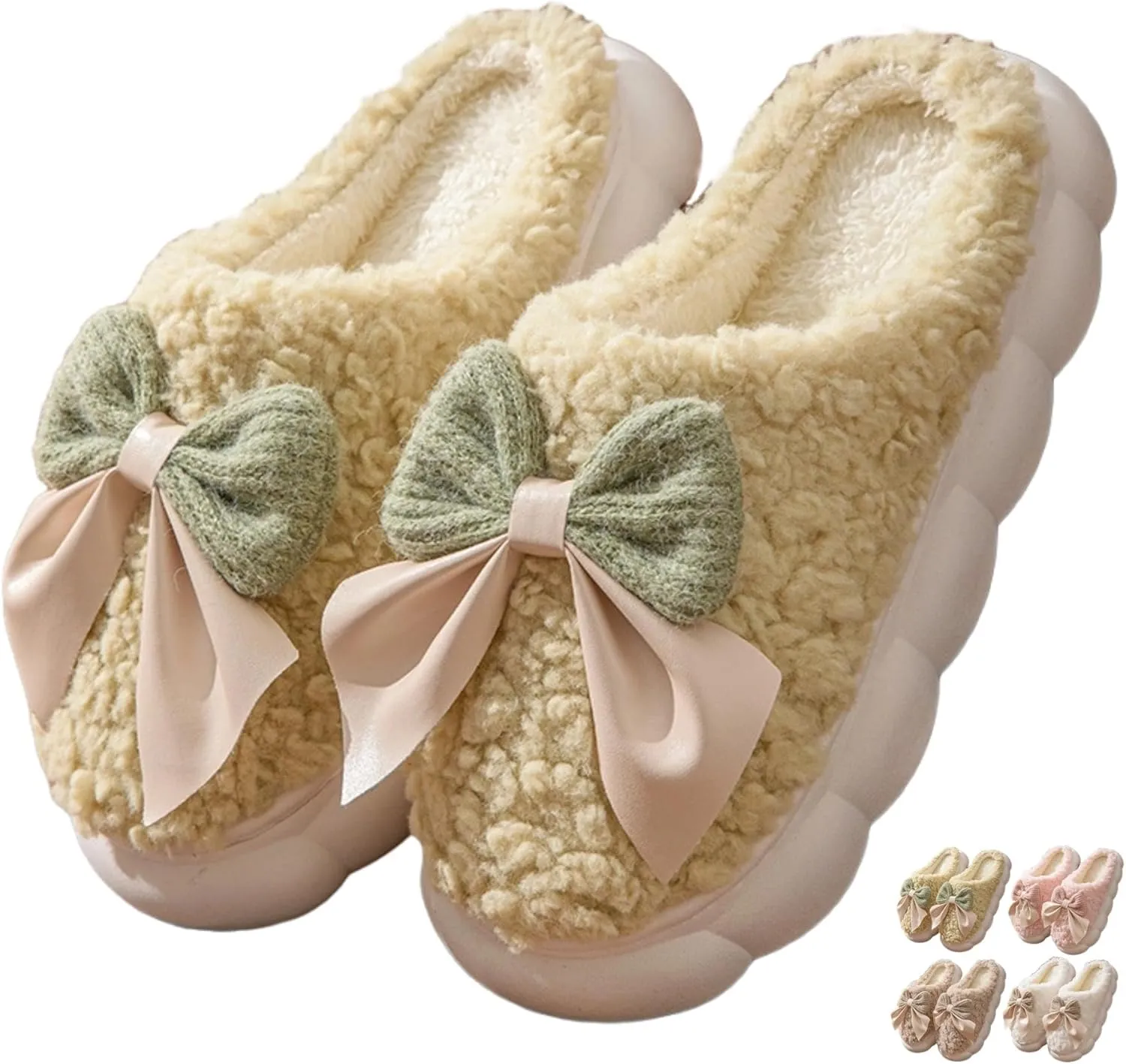 Bow Tie Slippers Cozy Soft Plush Slippers for Womens Lightweight Thick Sole Slippers Winter House Warm Slippers Shoes Indoor Non Slip Home Slippers Ladies Bedroom Fuzzy Slipper