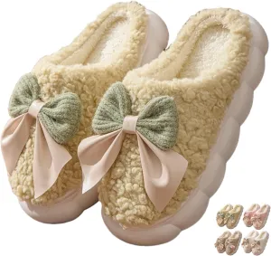 Bow Tie Slippers Cozy Soft Plush Slippers for Womens Lightweight Thick Sole Slippers Winter House Warm Slippers Shoes Indoor Non Slip Home Slippers Ladies Bedroom Fuzzy Slipper