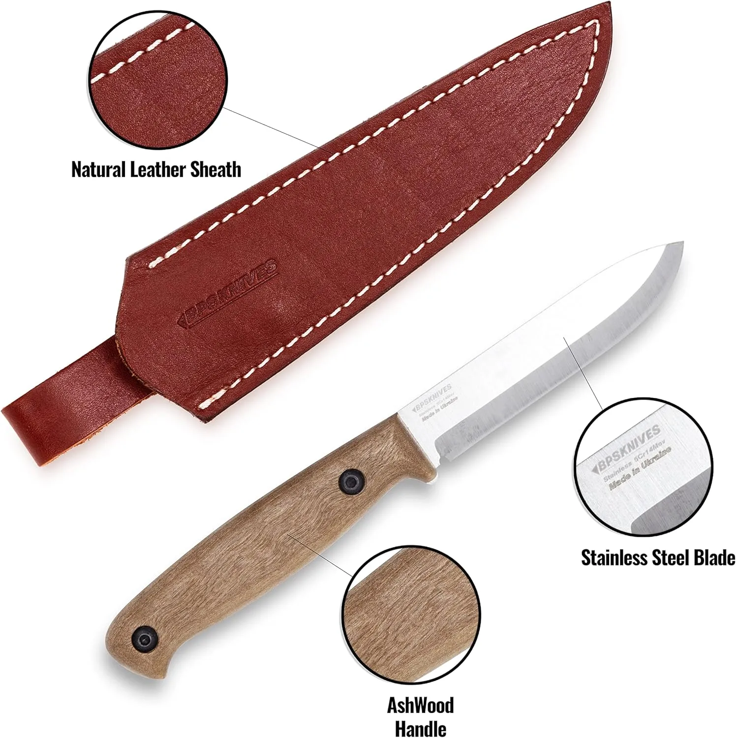 BPS Knives BS1FT SSH - Full-Tang Fixed-Blade Knife - Sharp Stainless Steel Bushcraft Knife With Sheath - Survival Compact Knife - Tactical Outdoor Camp Knives