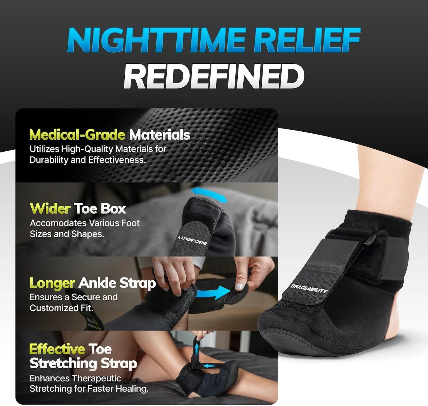 BraceAbility Plantar Fasciitis Night Splint Sock - Soft Plantar Fascia Brace for Sleeping, Achilles Tendonitis, Foot Drop, Heel Pain - Plantar Fasciitis Relief Night Splint for Women and Men (X-Small)