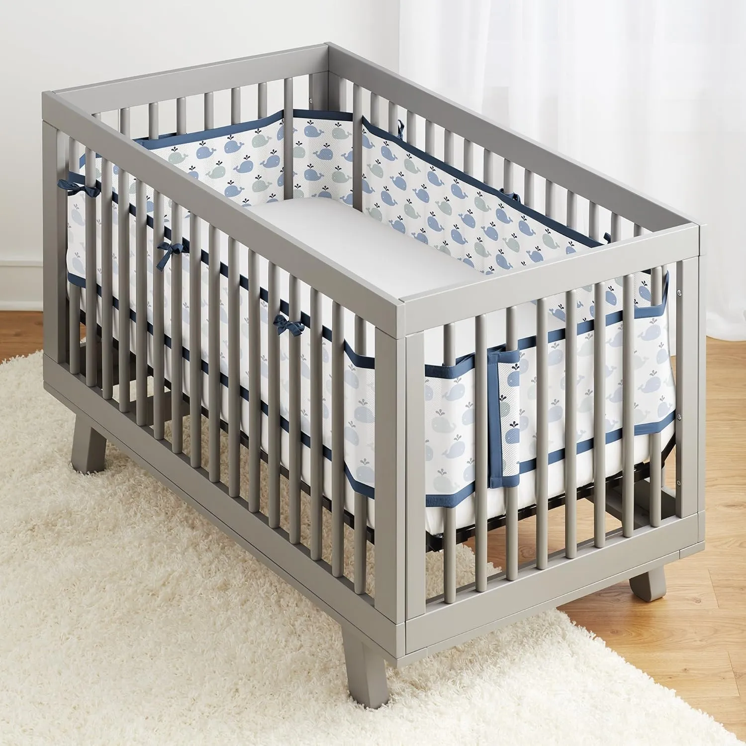 BreathableBaby Breathable Mesh Liner for Full-Size Cribs, Classic 3mm Mesh, Little Whale Navy (Size 4FS Covers 3 or 4 Sides)