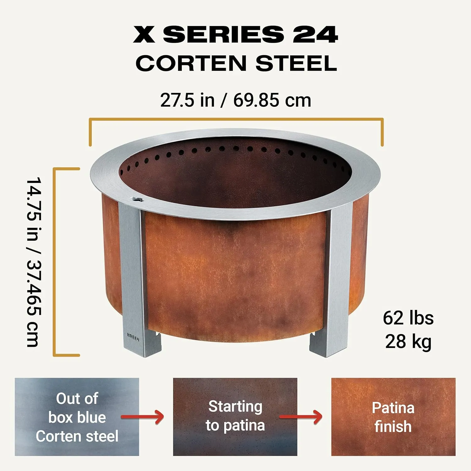 Breeo Smokeless FIrePit (X Series 24, Corten Steel) - 27.5" Smokeless Fire Pit for Outside - 62 lbs - Ideal for Families - Compatible with Wide Range of Breeo Accessories - Gifts for Dad