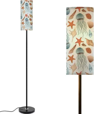 Bright seamless pattern sea food blue Jellyfish shells starfish Modern Floor Lamp Minimalist Standing Lamps for Living Room LED Corner Lamp Remote Control Metal Pole Lamp for Bedroom, Reading