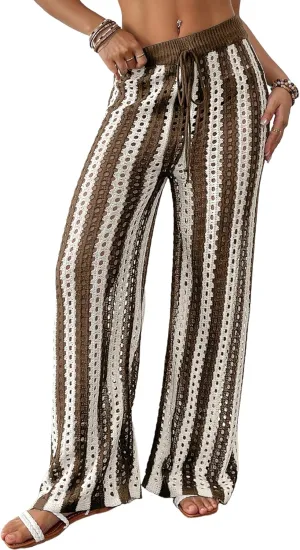 Bsubseach Womens Crochet Pants Beach Swimsuit Coverup Striped Wide Leg Pant Mesh Knit Cover up 2025 Summer Vacation Outfits