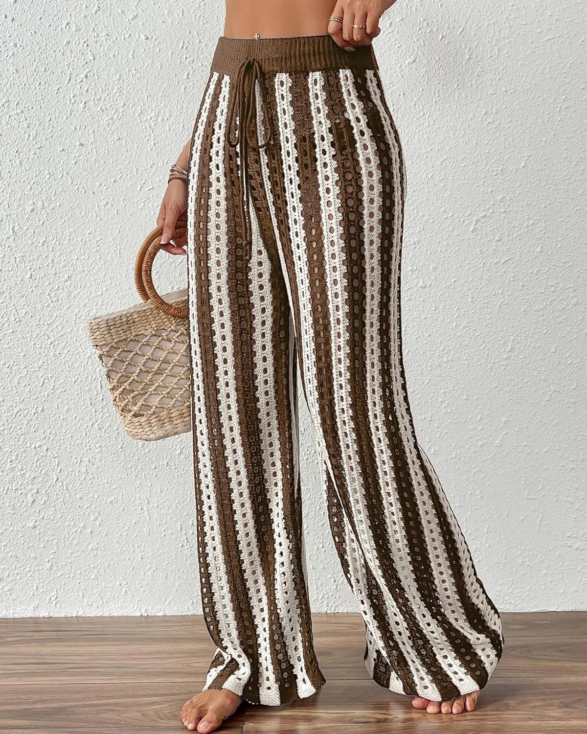 Bsubseach Womens Crochet Pants Beach Swimsuit Coverup Striped Wide Leg Pant Mesh Knit Cover up 2025 Summer Vacation Outfits