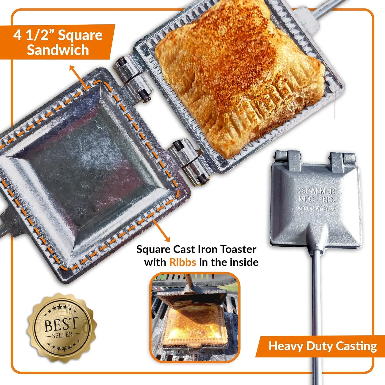 C. Palmer Pie Iron for Camping, Cast Iron Sandwich Maker with Long Handle, Make Tasty Toasted Sandwiches, Mountain Pie Maker Cast Iron, Campfire Pie Irons for Camping, Premium Campfire Sandwich Maker